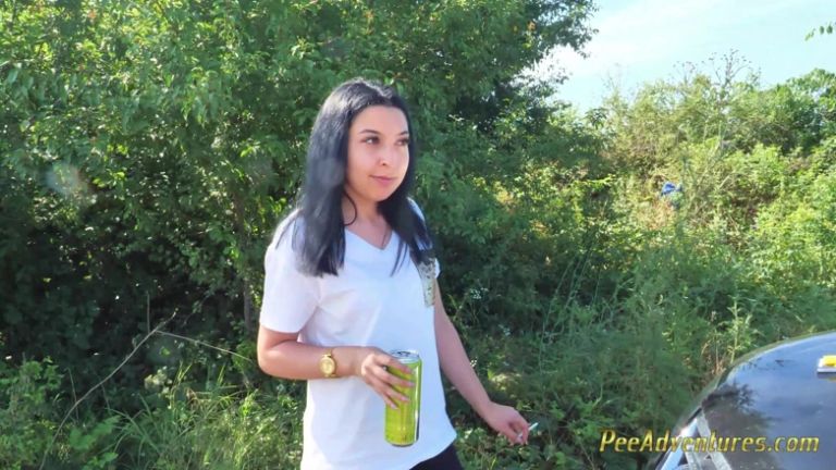 Sexy Brunette Trying Hard to Empty Her Bladder Outside, Then Quick Pee Next to a House in Construction