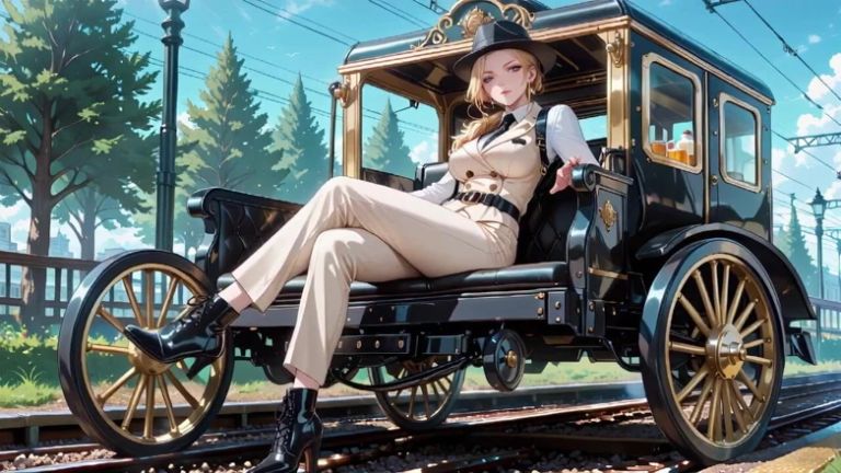 Lazy Vibes in a Vintage Carriage and Luxury Bedroom, Teasing Under the Black Hat, Fingers Touching Lips