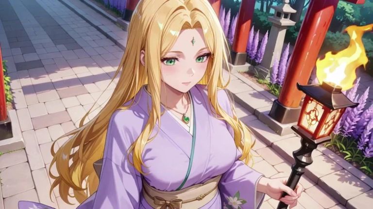 Blonde in Lavender! Kneeling Barefoot Under the Red Torii Gate, Her Andouf Fluttering in the Breeze