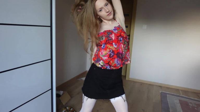 Striptease and Dildo Masturbation While Wearing White Stockings